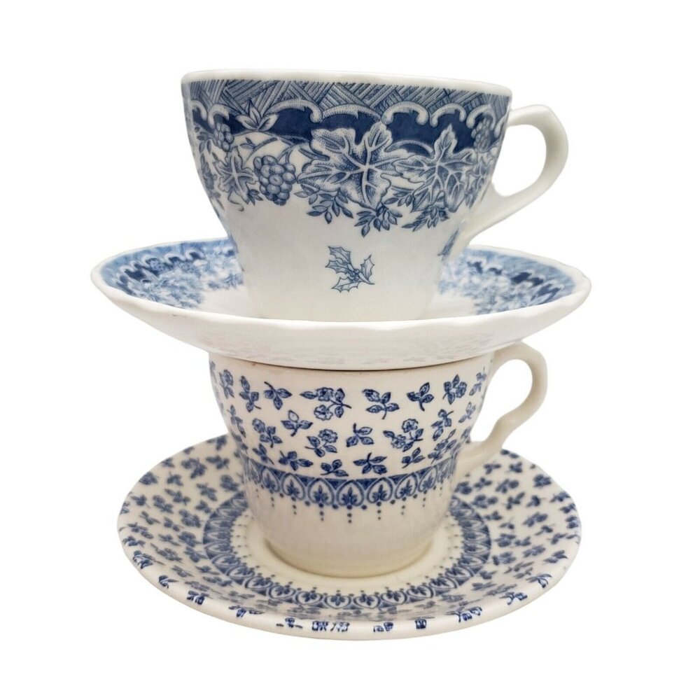 Blue and White Lot of 2 Ceramic Tea Cups and Saucers Made in England / Columbia